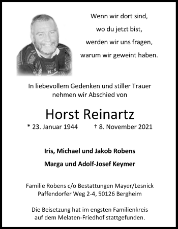 Anzeige von Horst Reinartz von Kölner Stadt-Anzeiger / Kölnische Rundschau / Express