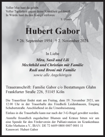 Anzeige von Hubert Gabor von  Kölner Wochenspiegel 
