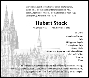 Anzeige von Hubert Stock von Kölner Stadt-Anzeiger / Kölnische Rundschau / Express