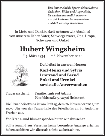 Anzeige von Hubert Wingsheim von  Wochenende 