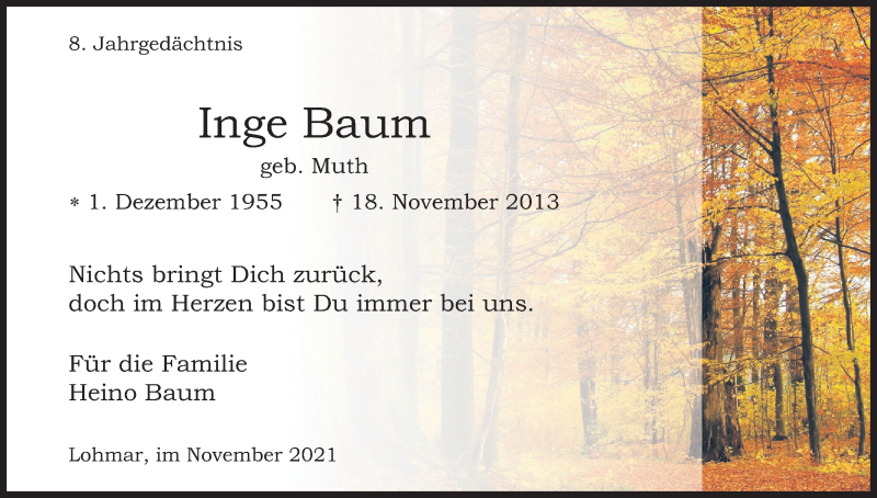  Traueranzeige für Inge Baum vom 18.11.2021 aus Kölner Stadt-Anzeiger / Kölnische Rundschau / Express