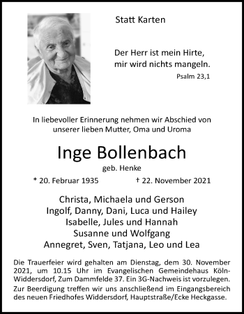 Anzeige von Inge Bollenbach von Kölner Stadt-Anzeiger / Kölnische Rundschau / Express