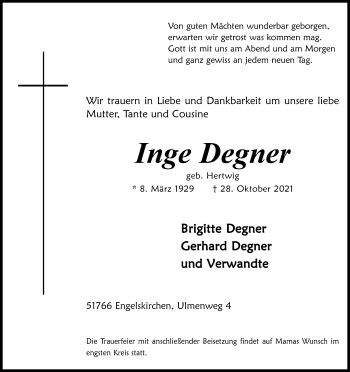 Anzeige von Inge Degner von Kölner Stadt-Anzeiger / Kölnische Rundschau / Express