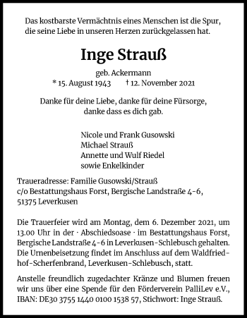 Anzeige von Inge Strauß von Kölner Stadt-Anzeiger / Kölnische Rundschau / Express
