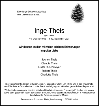 Anzeige von Inge Theis von Kölner Stadt-Anzeiger / Kölnische Rundschau / Express