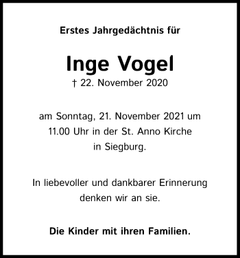 Anzeige von Inge Vogel von Kölner Stadt-Anzeiger / Kölnische Rundschau / Express