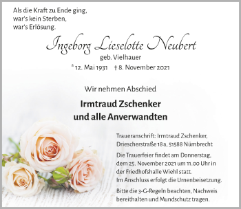 Anzeige von Ingeborg  Neubert von  Lokalanzeiger 
