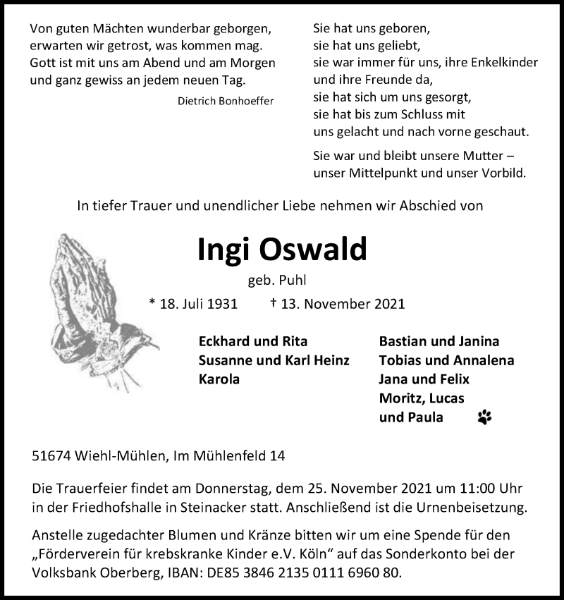  Traueranzeige für Ingi Oswald vom 20.11.2021 aus Kölner Stadt-Anzeiger / Kölnische Rundschau / Express