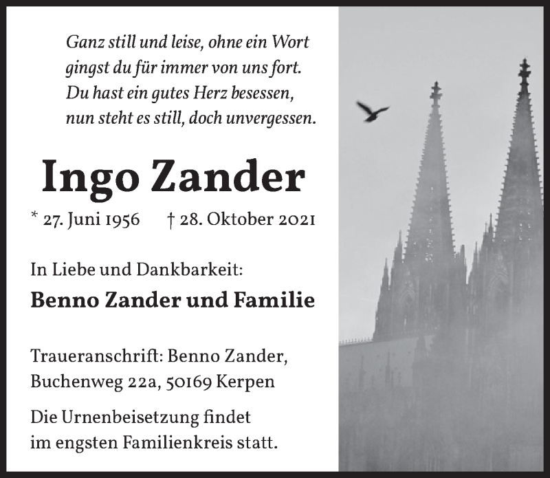  Traueranzeige für Ingo Zander vom 12.11.2021 aus  Werbepost 
