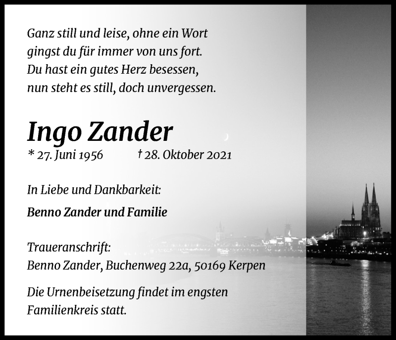  Traueranzeige für Ingo Zander vom 06.11.2021 aus Kölner Stadt-Anzeiger / Kölnische Rundschau / Express