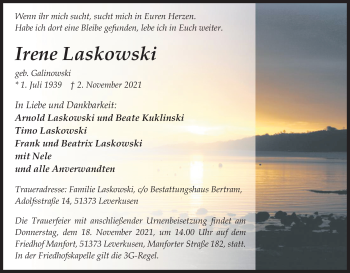 Anzeige von Irene Laskowski von Kölner Stadt-Anzeiger / Kölnische Rundschau / Express