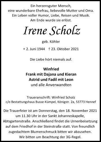 Anzeige von Irene Scholz von Kölner Stadt-Anzeiger / Kölnische Rundschau / Express