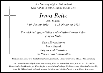 Anzeige von Irma Reitz von Kölner Stadt-Anzeiger / Kölnische Rundschau / Express