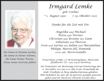 Anzeige von Irmgard Lemke von Kölner Stadt-Anzeiger / Kölnische Rundschau / Express