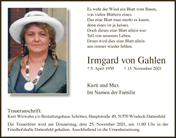 Anzeige von Irmgard von Gahlen von  Lokalanzeiger 