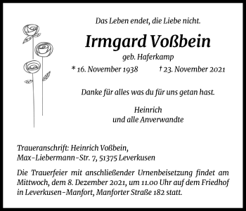 Anzeige von Irmgard Voßbein von Kölner Stadt-Anzeiger / Kölnische Rundschau / Express