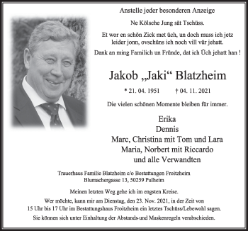 Anzeige von Jakob Blatzheim von  Wochenende 