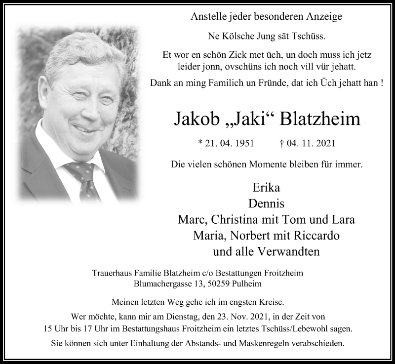  Traueranzeige für Jakob Blatzheim vom 13.11.2021 aus Kölner Stadt-Anzeiger / Kölnische Rundschau / Express