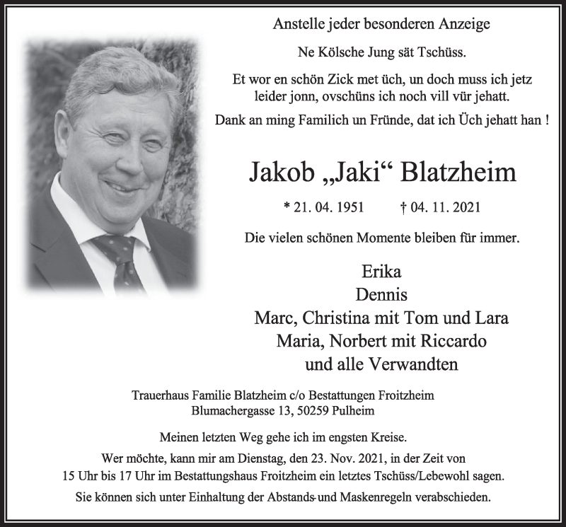  Traueranzeige für Jakob Blatzheim vom 12.11.2021 aus  Wochenende 