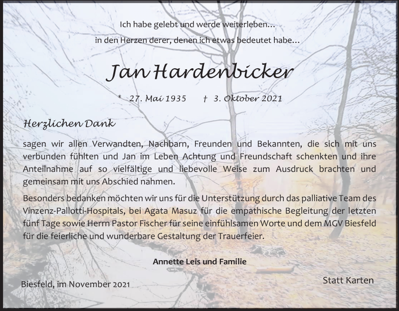  Traueranzeige für Jan Hardenbicker vom 20.11.2021 aus Kölner Stadt-Anzeiger / Kölnische Rundschau / Express