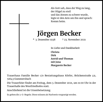 Anzeige von Jörgen Becker von Kölner Stadt-Anzeiger / Kölnische Rundschau / Express