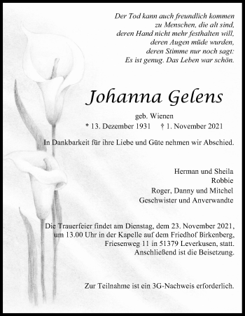 Anzeige von Johanna Gelens von Kölner Stadt-Anzeiger / Kölnische Rundschau / Express