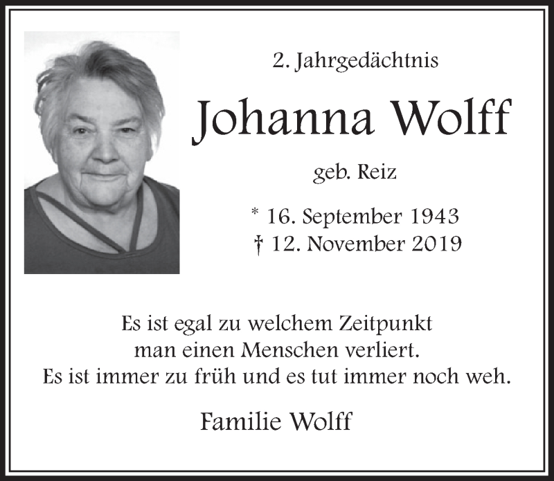  Traueranzeige für Johanna Wolff vom 12.11.2021 aus  Werbepost 