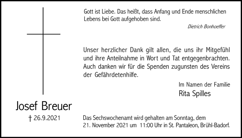  Traueranzeige für Josef Breuer vom 12.11.2021 aus  Schaufenster/Blickpunkt  Schlossbote/Werbekurier 
