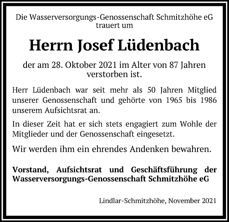  Traueranzeige für Josef Lüdenbach vom 13.11.2021 aus Kölner Stadt-Anzeiger / Kölnische Rundschau / Express