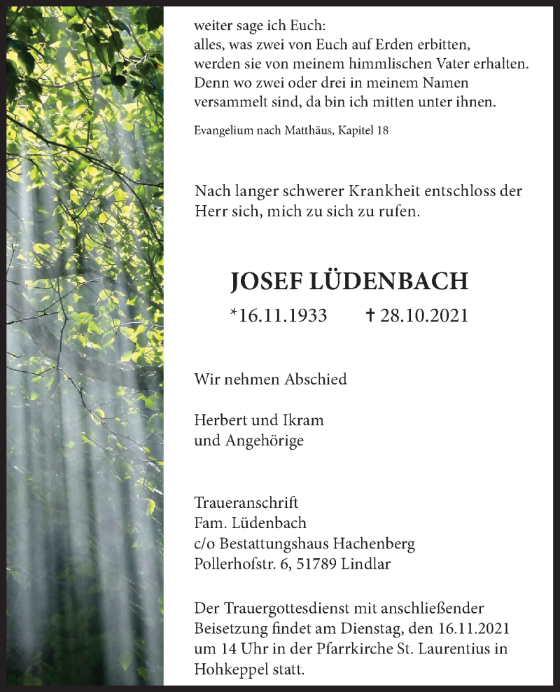  Traueranzeige für Josef Lüdenbach vom 06.11.2021 aus Kölner Stadt-Anzeiger / Kölnische Rundschau / Express