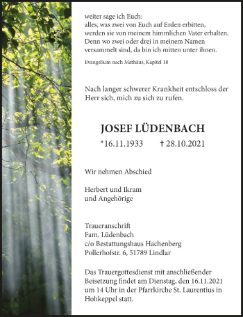 Anzeige von Josef Lüdenbach von  Anzeigen Echo 
