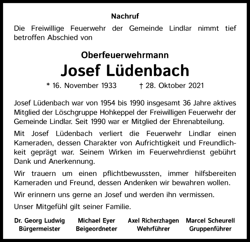  Traueranzeige für Josef Lüdenbach vom 23.11.2021 aus Kölner Stadt-Anzeiger / Kölnische Rundschau / Express