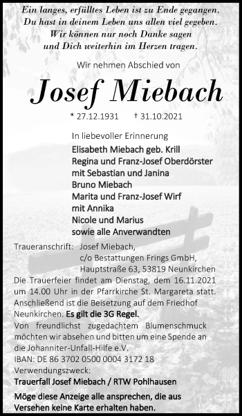 Anzeige von Josef Miebach von Kölner Stadt-Anzeiger / Kölnische Rundschau / Express