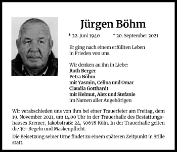 Anzeige von Jürgen Böhm von Kölner Stadt-Anzeiger / Kölnische Rundschau / Express
