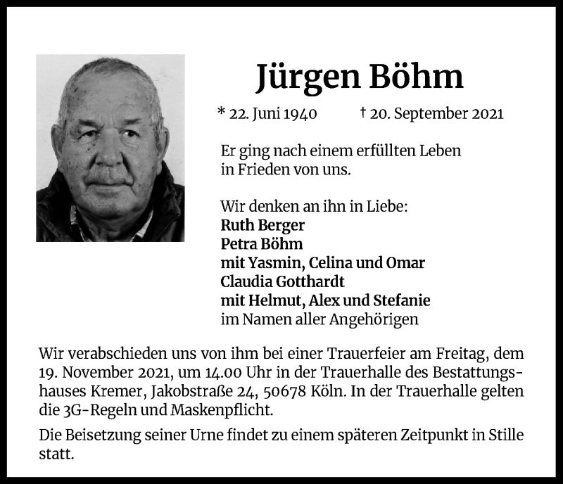  Traueranzeige für Jürgen Böhm vom 06.11.2021 aus Kölner Stadt-Anzeiger / Kölnische Rundschau / Express