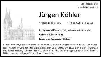 Anzeige von Jürgen Köhler von Kölner Stadt-Anzeiger / Kölnische Rundschau / Express