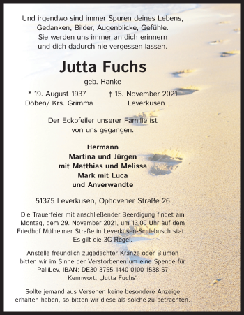 Anzeige von Jutta Fuchs von Kölner Stadt-Anzeiger / Kölnische Rundschau / Express