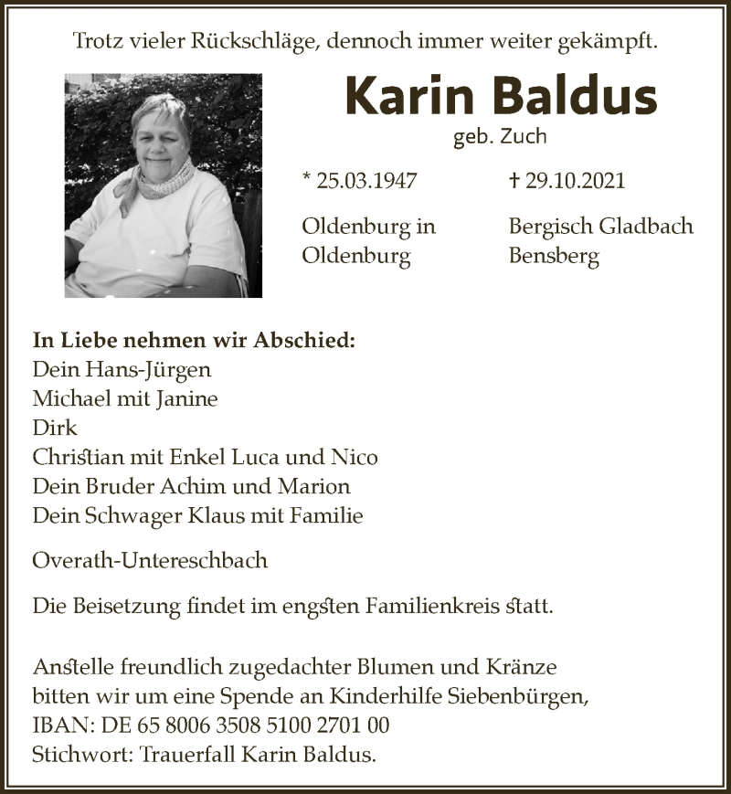  Traueranzeige für Karin Baldus vom 05.11.2021 aus  Bergisches Handelsblatt  Kölner Wochenspiegel 