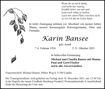 Anzeige von Karin Bansee von Kölner Stadt-Anzeiger / Kölnische Rundschau / Express