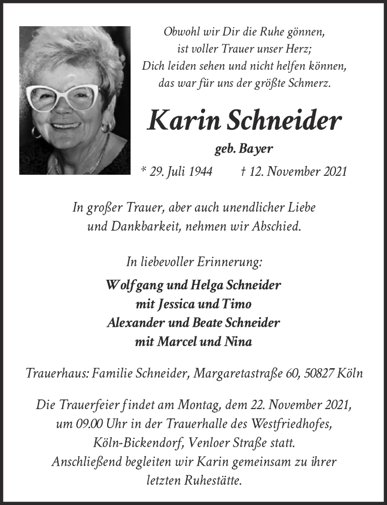  Traueranzeige für Karin Schneider vom 19.11.2021 aus  Kölner Wochenspiegel 