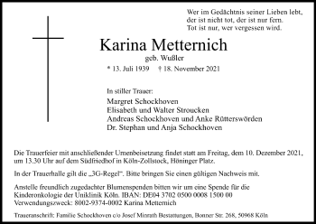 Anzeige von Karina Metternich von Kölner Stadt-Anzeiger / Kölnische Rundschau / Express