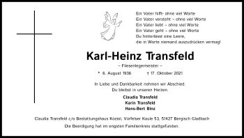 Anzeige von Karl-Heinz Transfeld von Kölner Stadt-Anzeiger / Kölnische Rundschau / Express