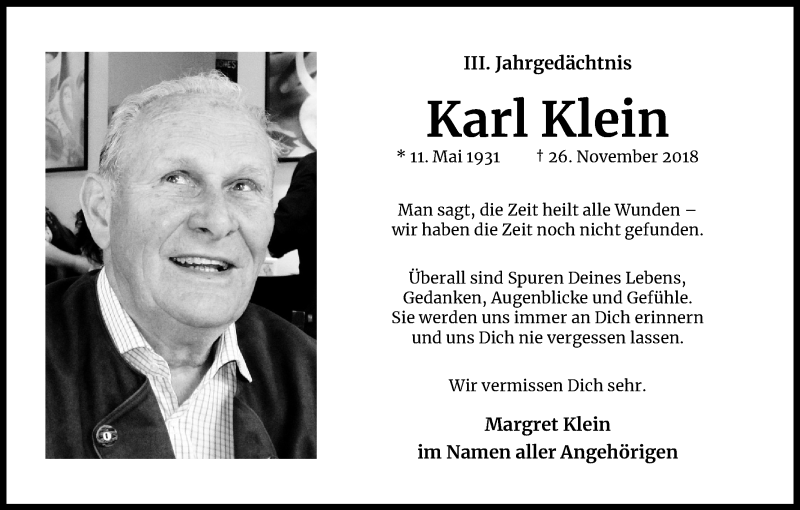  Traueranzeige für Karl Klein vom 27.11.2021 aus Kölner Stadt-Anzeiger / Kölnische Rundschau / Express