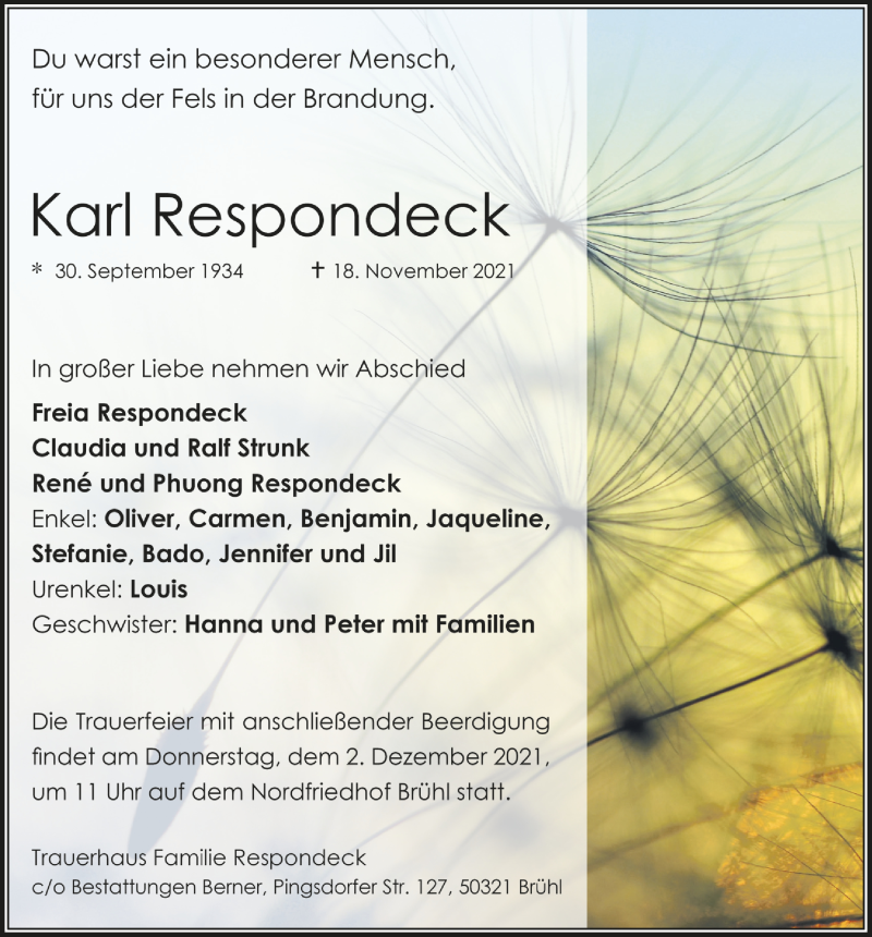  Traueranzeige für Karl Respondeck vom 26.11.2021 aus  Schlossbote/Werbekurier 