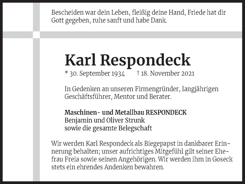  Traueranzeige für Karl Respondeck vom 27.11.2021 aus Kölner Stadt-Anzeiger / Kölnische Rundschau / Express