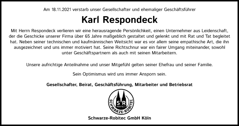  Traueranzeige für Karl Respondeck vom 27.11.2021 aus Kölner Stadt-Anzeiger / Kölnische Rundschau / Express