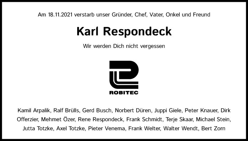  Traueranzeige für Karl Respondeck vom 27.11.2021 aus Kölner Stadt-Anzeiger / Kölnische Rundschau / Express
