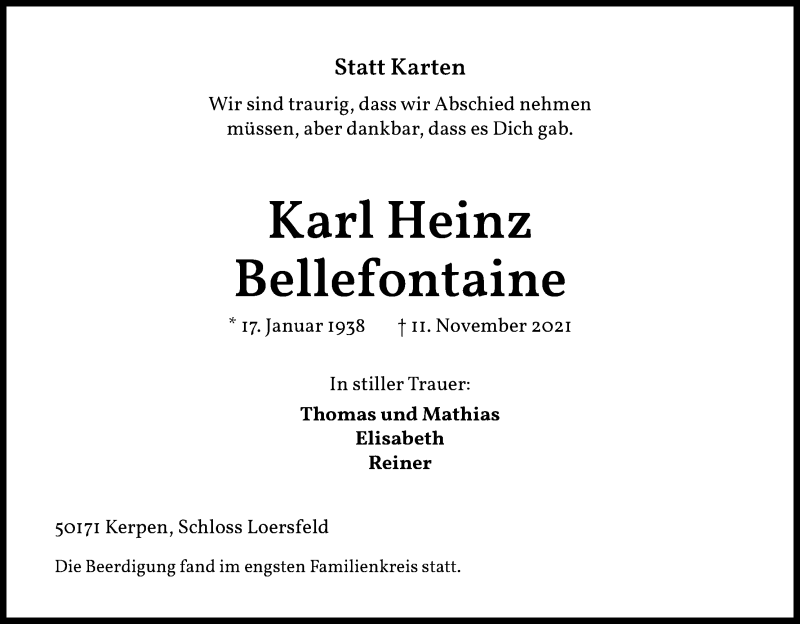  Traueranzeige für Karl Heinz Bellefontaine vom 20.11.2021 aus Kölner Stadt-Anzeiger / Kölnische Rundschau / Express