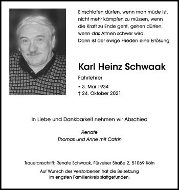 Anzeige von Karl Heinz Schwaak von Kölner Stadt-Anzeiger / Kölnische Rundschau / Express