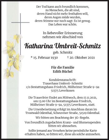 Anzeige von Katharina Umbreit-Schmitz von Kölner Stadt-Anzeiger / Kölnische Rundschau / Express